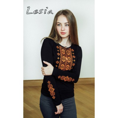 Embroidered t-shirt with long sleeves "Gutsul Ornament" orange on black
